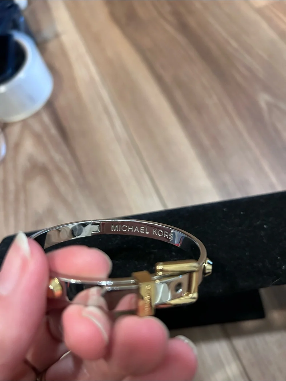 Michael Kors Colby Two-Tone Buckle Hinged Bangle Bracelet Signed Studded 90s Y2K